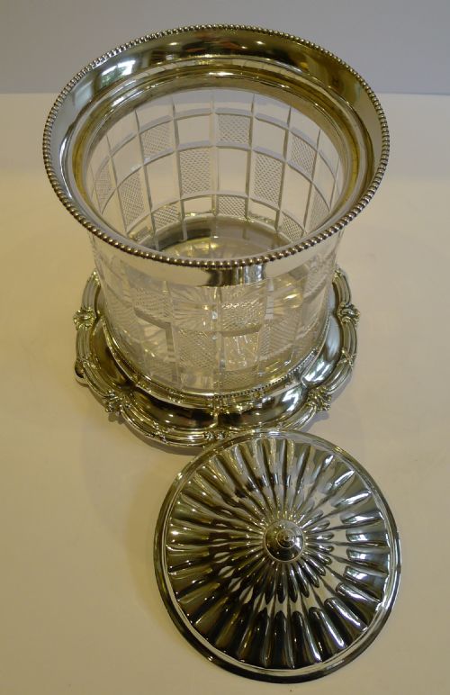 fig 1. Elegant Antique English Cut Crystal & Silver Plate Biscuit Box by Walker c.1890