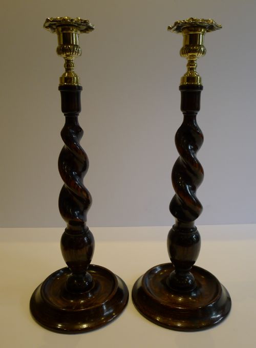 Towering Antique English Oak & Brass Barley Twist Candlesticks C.1900 - 14"