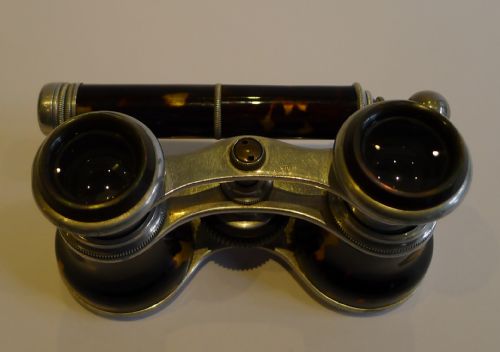 fig 1. Antique English or French Tortoise Shell Clad Opera Glasses - Lorgnette Handle c.1900