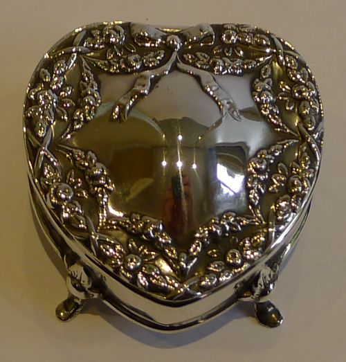 Stunning Antique English Sterling Silver Heart Shaped Jewelry Box - 1906