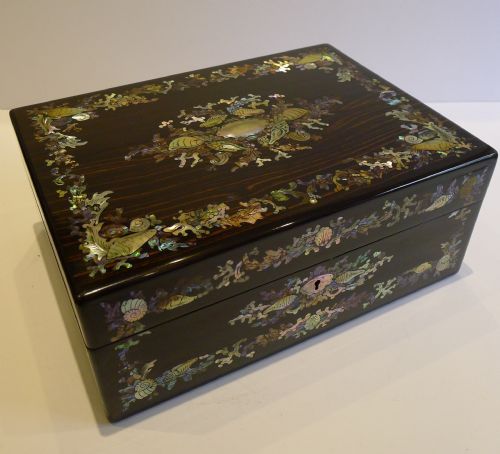 Finest Antique English Mother of Pearl Inlaid Coromandel Sewing Box C.1860