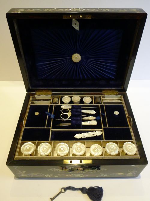 fig 1. Finest Antique English Mother of Pearl Inlaid Coromandel Sewing Box c.1860