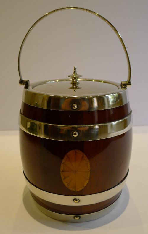 Antique English Mahogany & Silver Plated Biscuit Barrel - Fan Inlaid C.1900