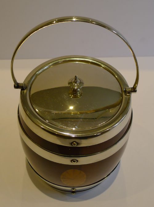 fig 1. Antique English Mahogany & Silver Plated Biscuit Barrel - Fan Inlaid c.1900