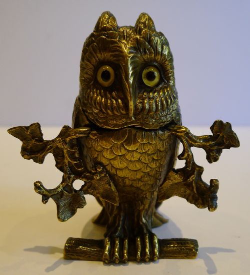 Fabulous Antique Figural Inkwell - Cast Brass Owl with Glass Eyes