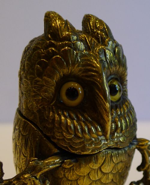 fig 1. Fabulous Antique Figural Inkwell - Cast Brass Owl With Glass Eyes