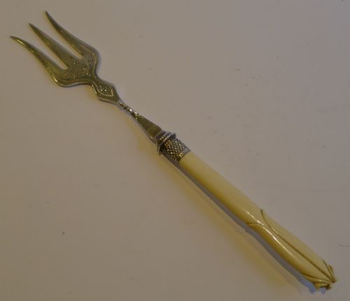 Handsome Silver Plated & Carved Ivory Bread Fork C.1890