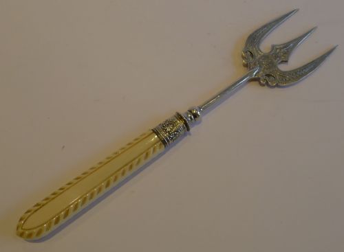 Handsome Antique English Silver Plated & Carved Handle Bread Fork C.1890