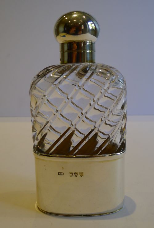 Top Quality Antique English Sterling Silver & Crystal Hip or Liquor Flask - London 1894