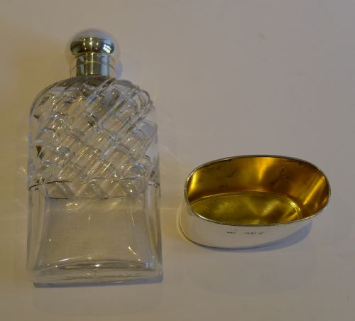 fig 1. Top Quality Antique English Sterling Silver & Crystal Hip or Liquor Flask - London 1894