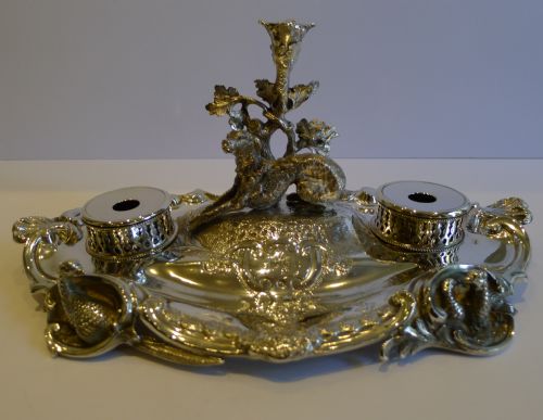 Grand Antique English Hunting Inkstand / Inkwell - Dog & Game Birds - Dated 1862
