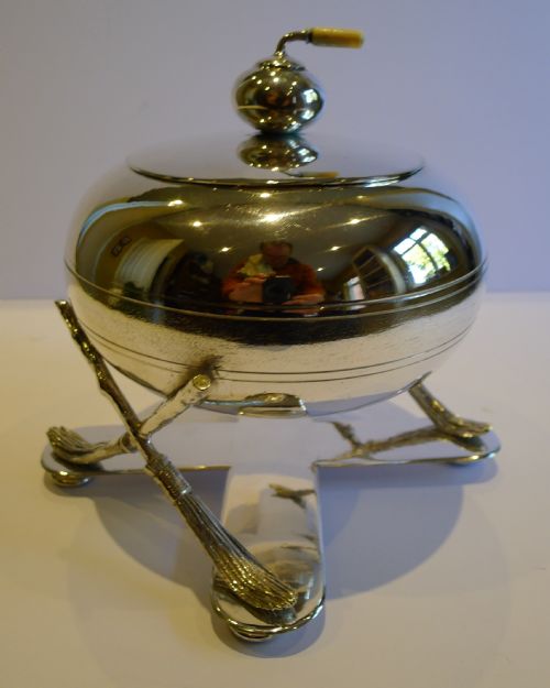 Antique English Figural Biscuit Box - Curling Stone & Brushes - Fenton Bros. C.1880