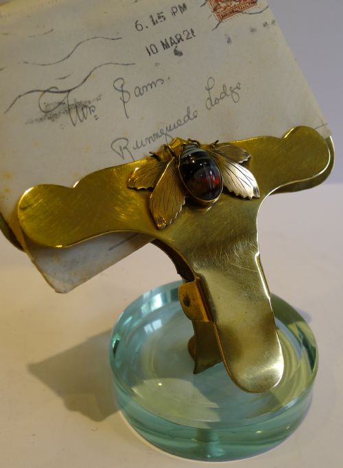 Antique English Letter / Card Holder in Brass - Carved Agate Bee .. C.1880