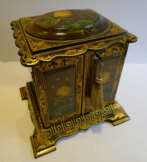 Magnificent Antique English Hand Painted Papier Mache Jewelry Cabinet C.1860