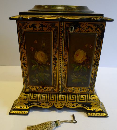 fig 1. Magnificent Antique English Hand Painted Papier Mache Jewelry Cabinet c.1860
