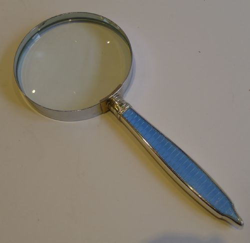 Antique English Sterling Silver Handled Magnifying Glass with Guilloche Enamel - 1911