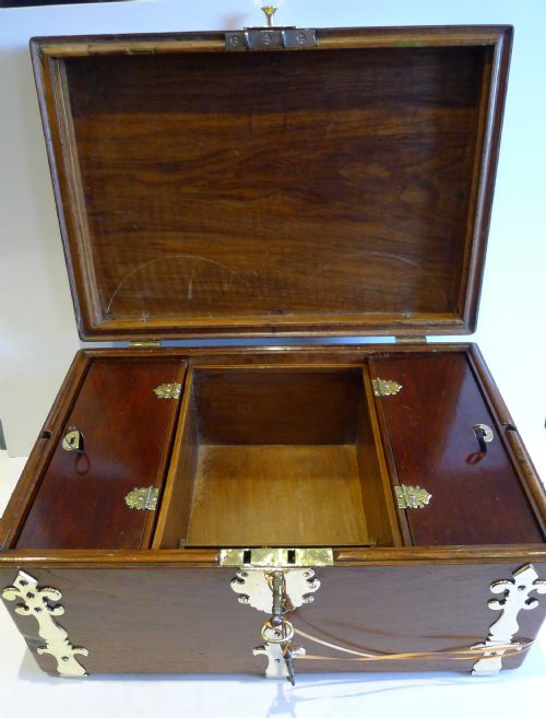 fig 1. Magnificent Antique English Walnut & Brass Ship's Strong Box c.1860 - Secret Drawers