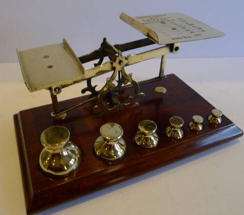 Antique English Mahogany & Brass Postal Scales - Fabulous Waisted Weights