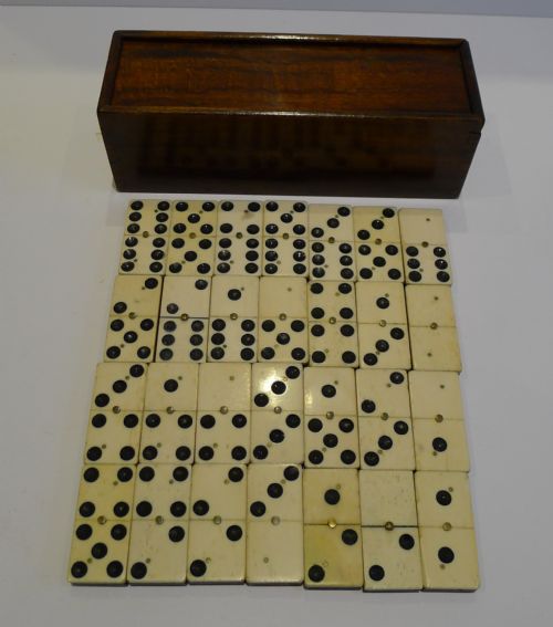 Antique English Boxed Set Bone & Ebony Wood Dominoes C.1890