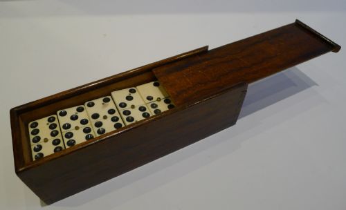 fig 1. Antique English Boxed Set Bone & Ebony Wood Dominoes c.1890