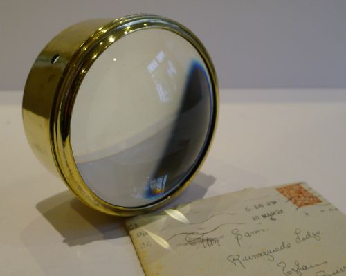 Large English Antique Brass Desk Magnifying Glass / Paperweight C.1910