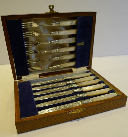 Antique Set English Sterling Silver & Mother of Pearl Fruit Knives & Forks - 1896