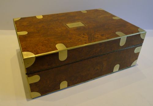 fig 1. Top Notch Antique English Brass Bound Amboyna Jewellery Box c.1850