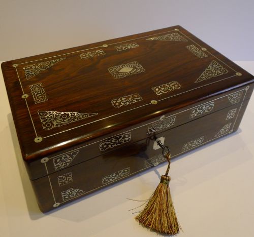 Antique English Mother of Pearl Inlaid Rosewood Writing Slope / Lap Desk C.1830