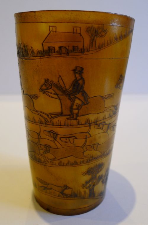 Rare English Georgian Horn Cup or Beaker - Engraved with Hunt Scene C.1820