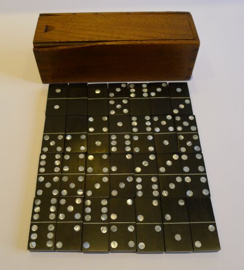 Rare Antique English Boxed Set Dominoes - Ebony and Mother of Pearl