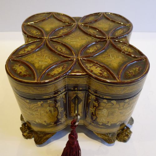 Rare Shaped Antique Chinese Lacquered Tea Caddy with Paktong Cannister C.1820