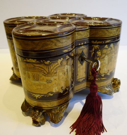 fig 1. Rare Shaped Antique Chinese Lacquered Tea Caddy With Paktong Cannister c.1820