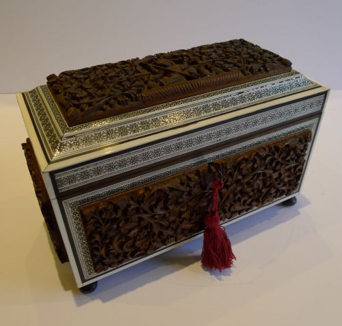 Rare Antique Anglo Indian Carved Sandalwood & Sadeli Double Tea Caddy C.1820