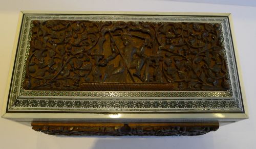 fig 1. Rare Antique Anglo Indian Carved Sandalwood & Sadeli Double Tea Caddy c.1820