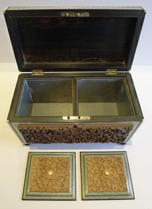 fig 2. Rare Antique Anglo Indian Carved Sandalwood & Sadeli Double Tea Caddy c.1820