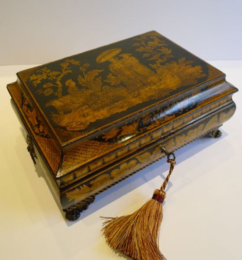 Antique English Regency Penwork Chinoiserie Playing Card / Games Box C.1820