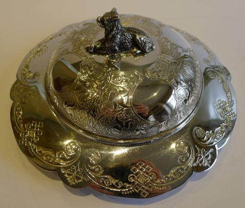 Antique English Silver Plated Figural Butter Dish - Dog C.1890