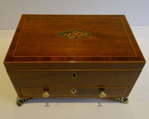 Antique English Mahogany Jewellery or Table Box - Shell Inlaid C.1820