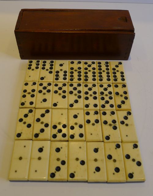 Antique English Boxed Set Bone & Ebony Wood Dominoes C.1890