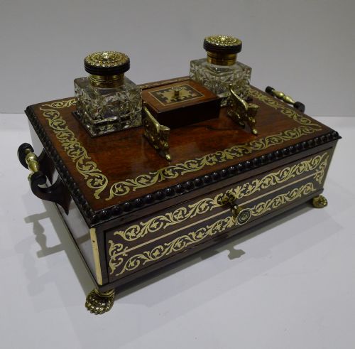 Grand English Regency Foliate Cut Brass Inlaid Rosewood Inkstand / Inkwell C.1820