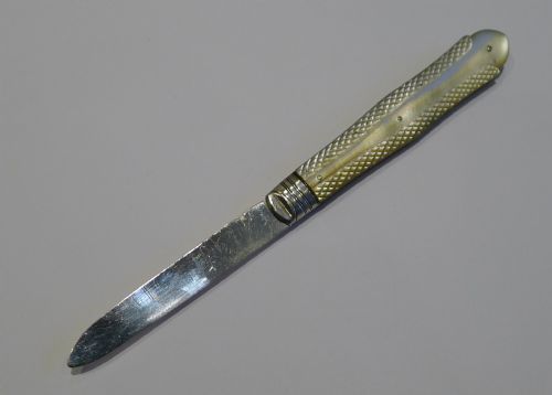 fig 1. Antique English Sterling Silver & Mother of Pearl Fruit Knife - Original Case - 1870