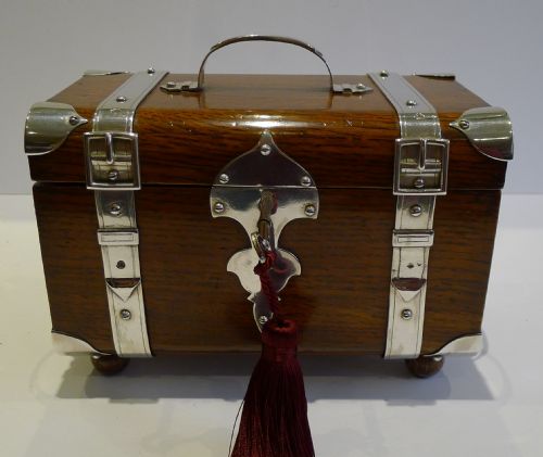 Fabulous Antique English Oak & Silver Plated Tea Caddy by Henry Bourne - Reg. Diamond for 1879