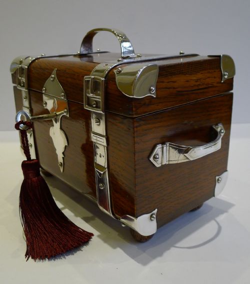 fig 1. Fabulous Antique English Oak & Silver Plated Tea Caddy by Henry Bourne - Reg. Diamond For 1879