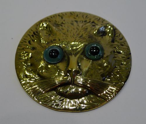 Small Antique English Brass Mirror with Original Glass Eyes C.1900 - Cat