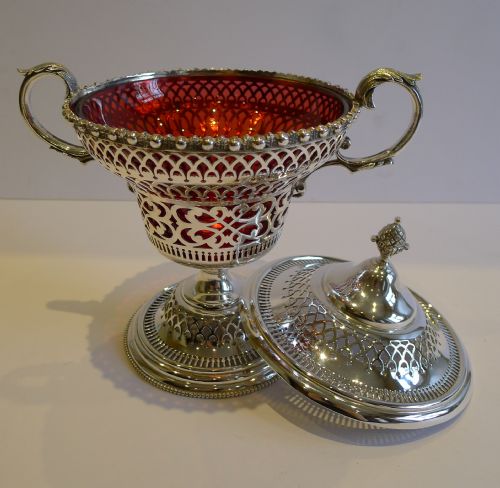 Antique English Silver Plate & Cranberry Glass Lidded Sugar Box C.1880