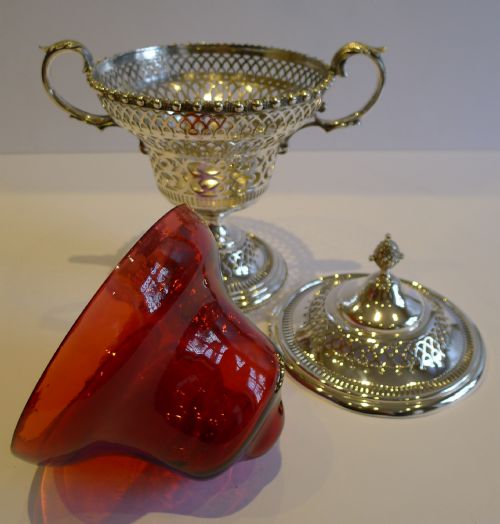 fig 1. Antique English Silver Plate & Cranberry Glass Lidded Sugar Box c.1880