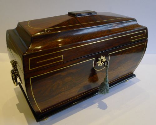 Elegant English Regency Bombe Shaped Box - Brass Inlaid Rosewood C.1820