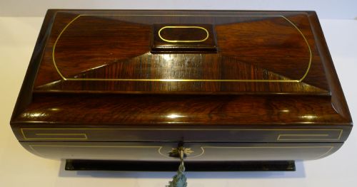 fig 1. Elegant English Regency Bombe Shaped Box - Brass Inlaid Rosewood c.1820