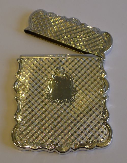 Antique English Sterling Silver Card Case - Unusual Tartan or Plaid Design - 1858