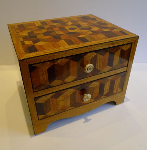 Magnificent Antique English "Tumbling Block" Two Drawer Table Cabinet / Box C.1860